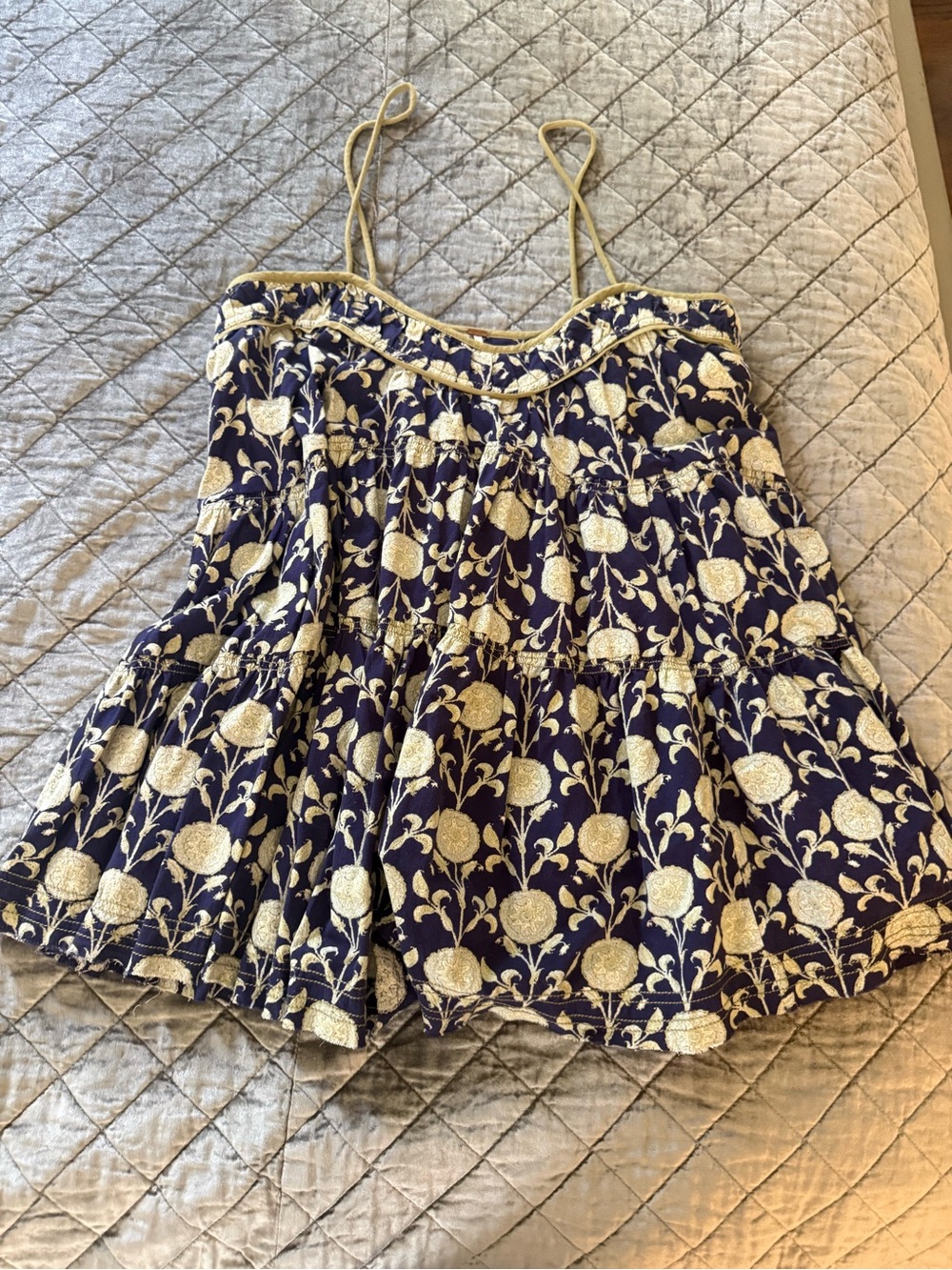 Free People Wilder Days Navy Blue and Gold Floral Mini Dress